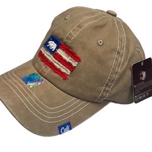 California Republic embroidered American flag bear vintage khaki strap back hat